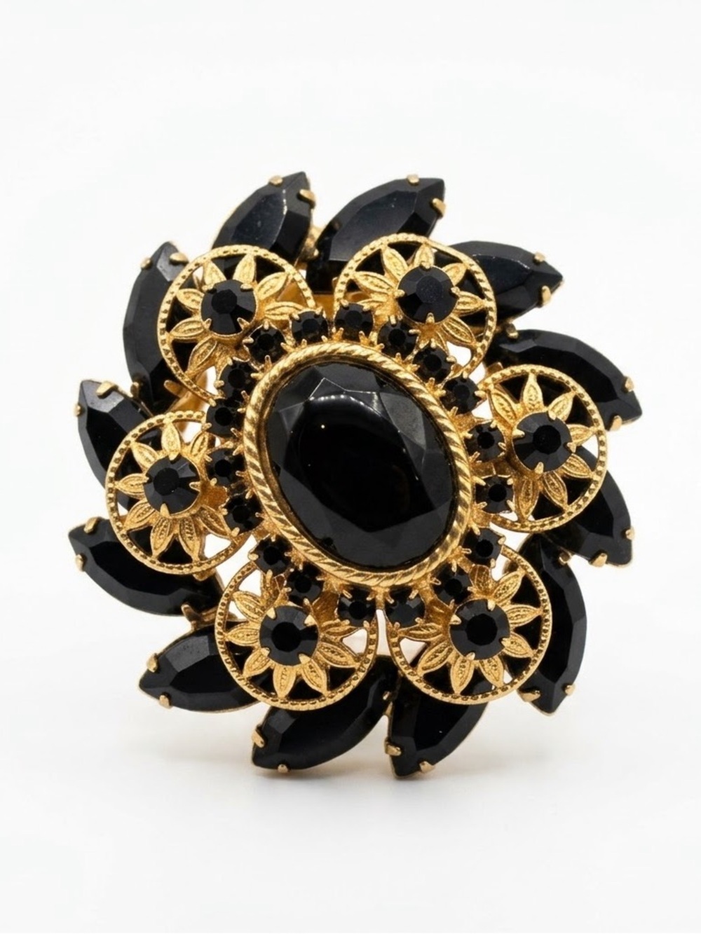 Vintage Black & Gold Floral Statement Brooch Pin